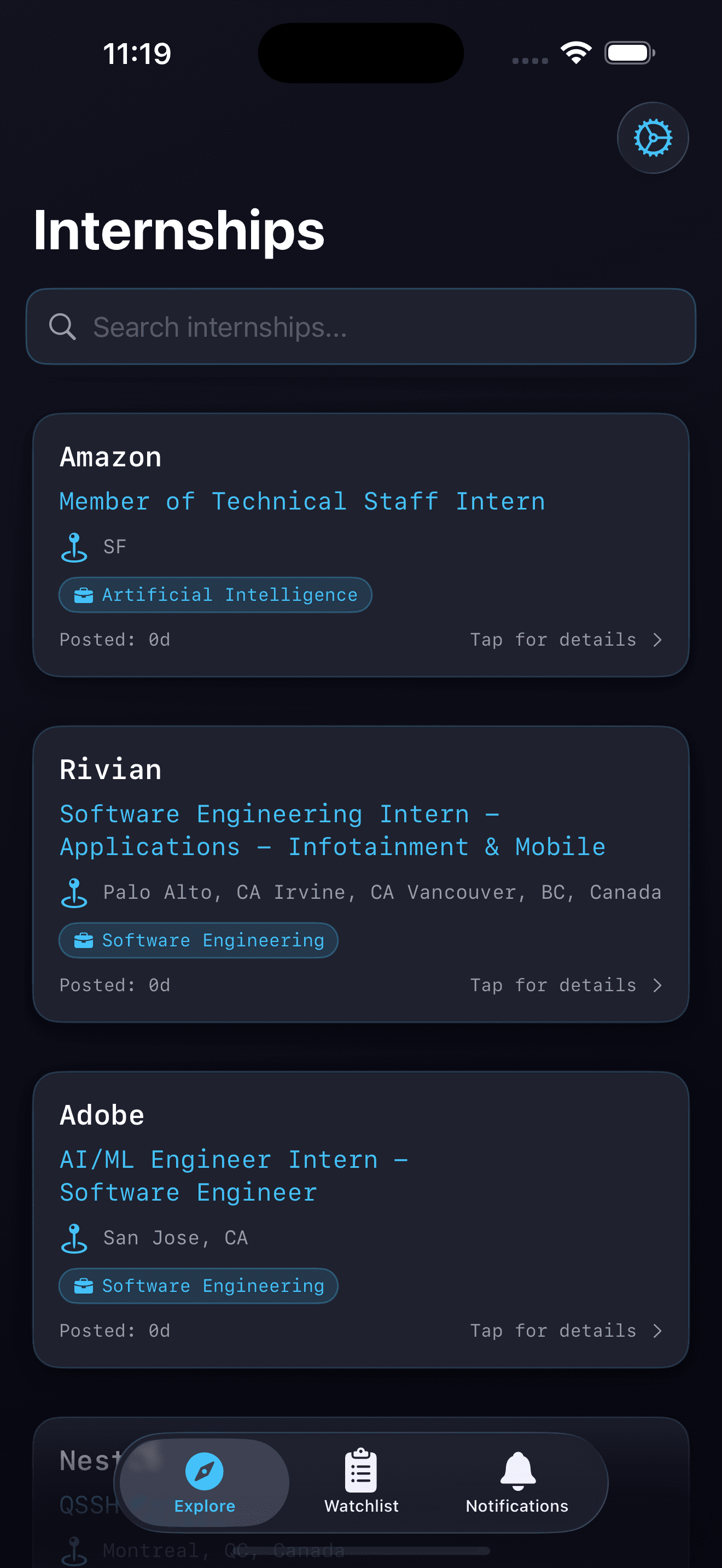 Sweable Explore Tab - Browse internships