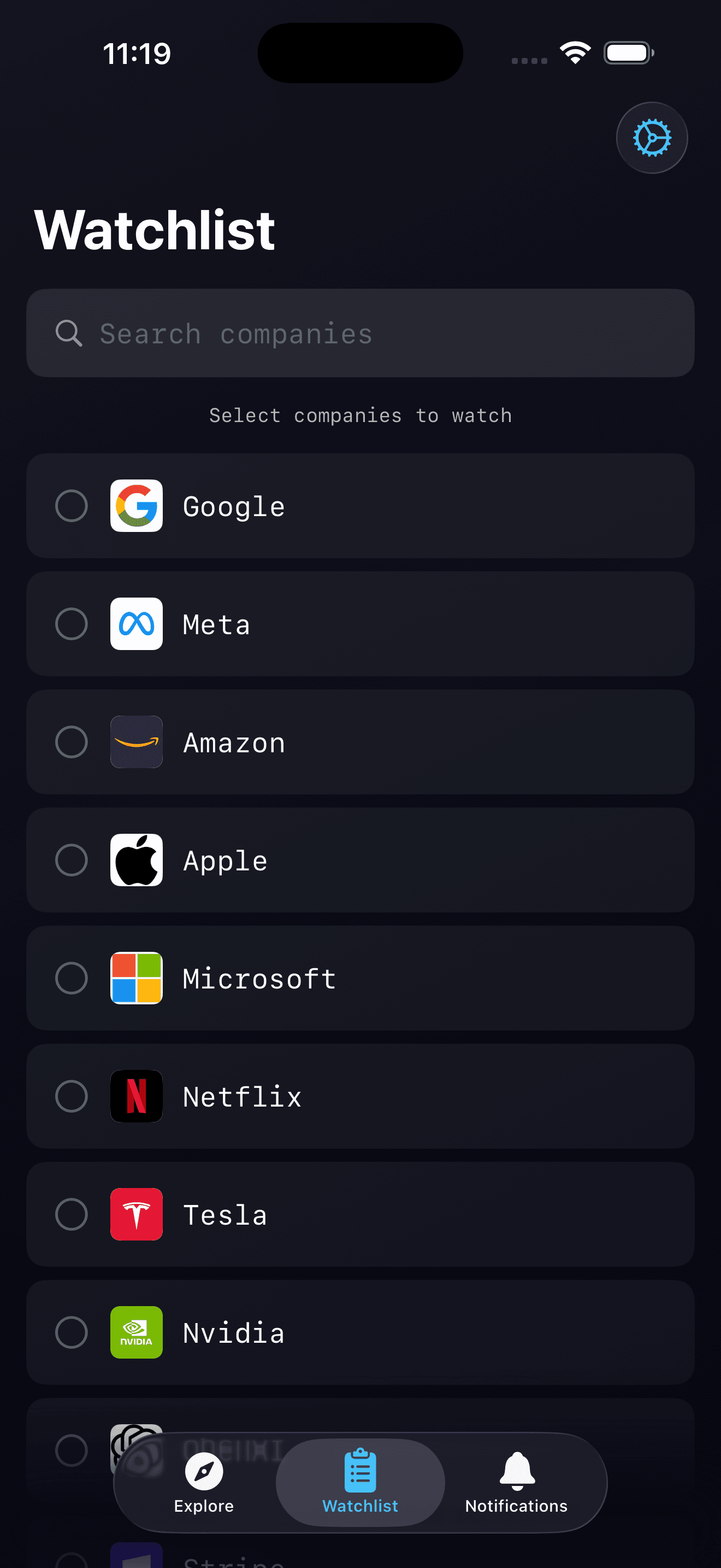 Sweable Watchlist Tab - Track companies
